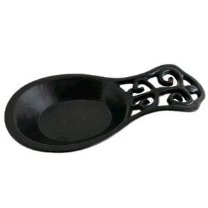 Vintage Cast Iron Spoon Rest Black Scroll Handle Rustic Farmhouse Kitchen Decor